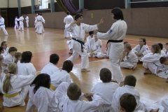 Alena Bajerová, II. Dan vysvětluje cvik. Asistuje Milada Morávková, 5. kyu.