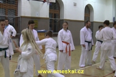 Nováčci si zkoušejí naučené údery reálně do starších a zdatnějších karatistů.
