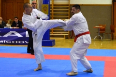 Adam Knajbl útočí obloukovým kopem na Davida Mikeše.