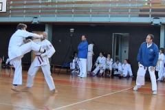 Jiří Michek, 5. kyu (vpravo) chytil kop Martina Goláně, 6. kyu a protože jej drží oběma rukama vysloužil si úder do nechráněné hlavy.